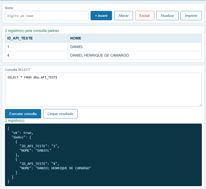 Browse de teste SQL do Servidor FACIL REST API para IA