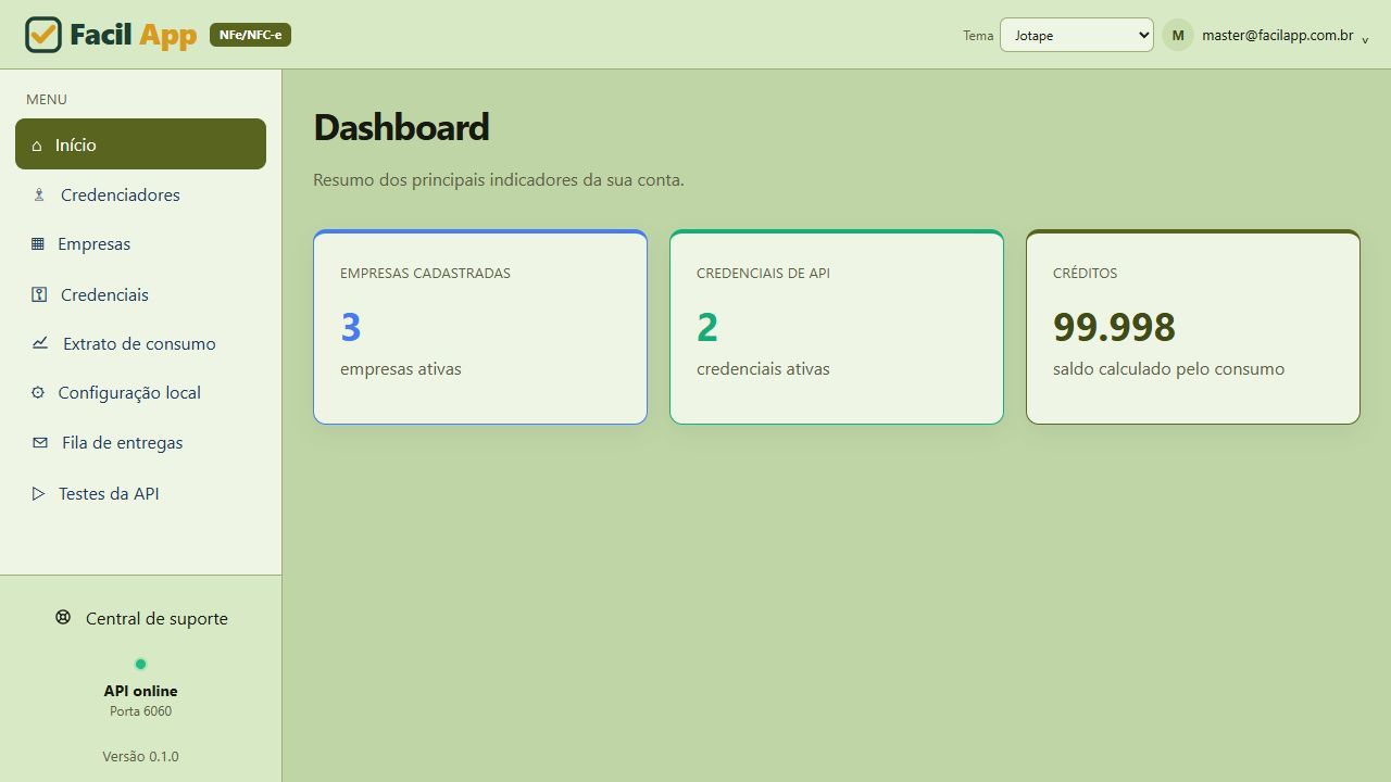 Dashboard real da API FacilApp NFe e NFC-e